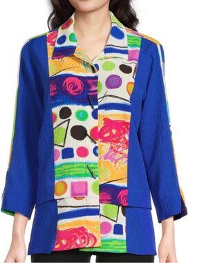 Ali Miles Tunic Top Button Front Tiered Hem Blue Multi Artsy Abstract Size Large